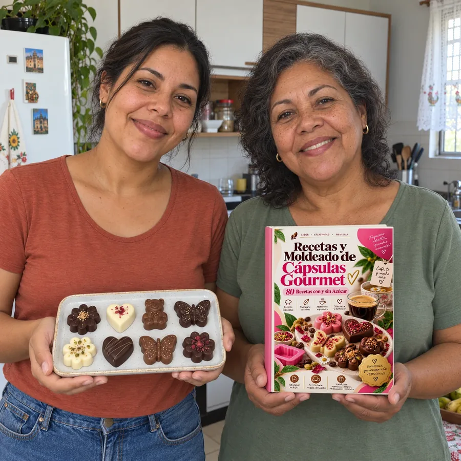 Escena ilustrativa: dos mujeres con el recetario en español y cápsulas artesanales
