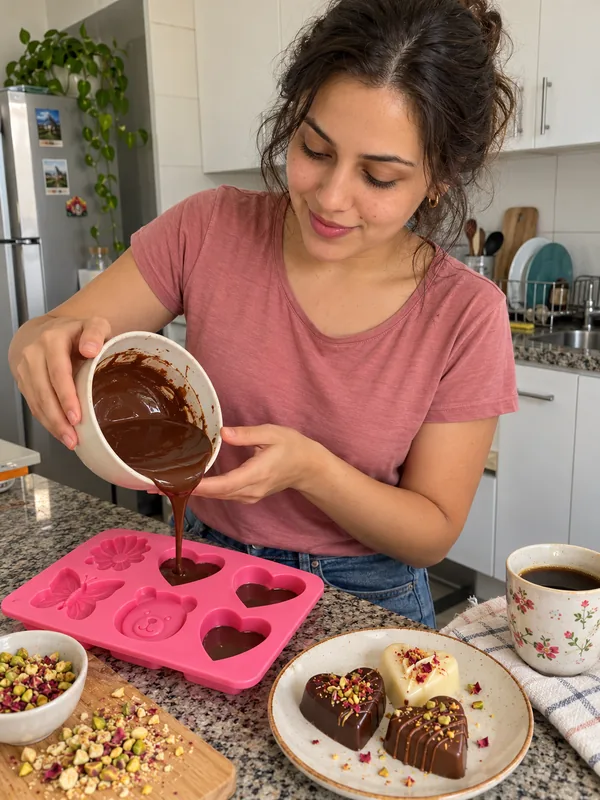 Escena ilustrativa: mujer preparando cápsulas de chocolate en un molde de corazón