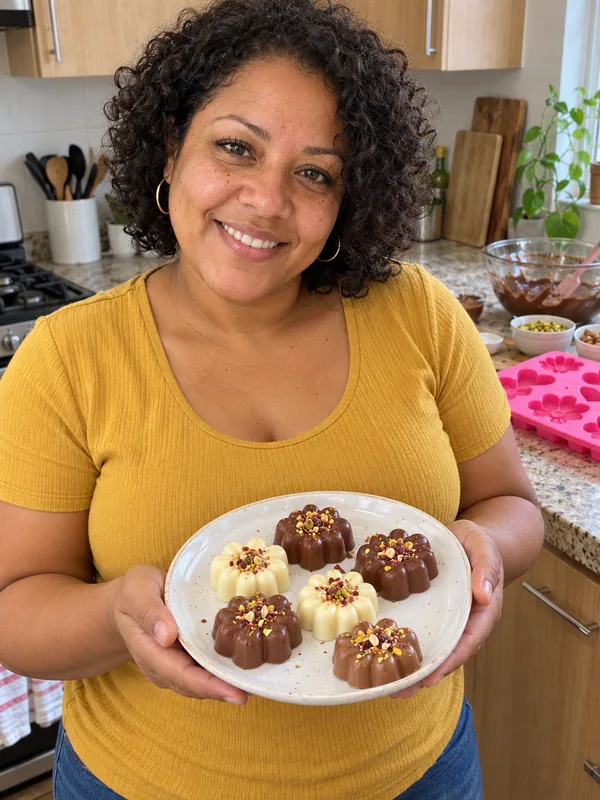 Escena ilustrativa: mujer mostrando sus cápsulas de chocolate en forma de flor