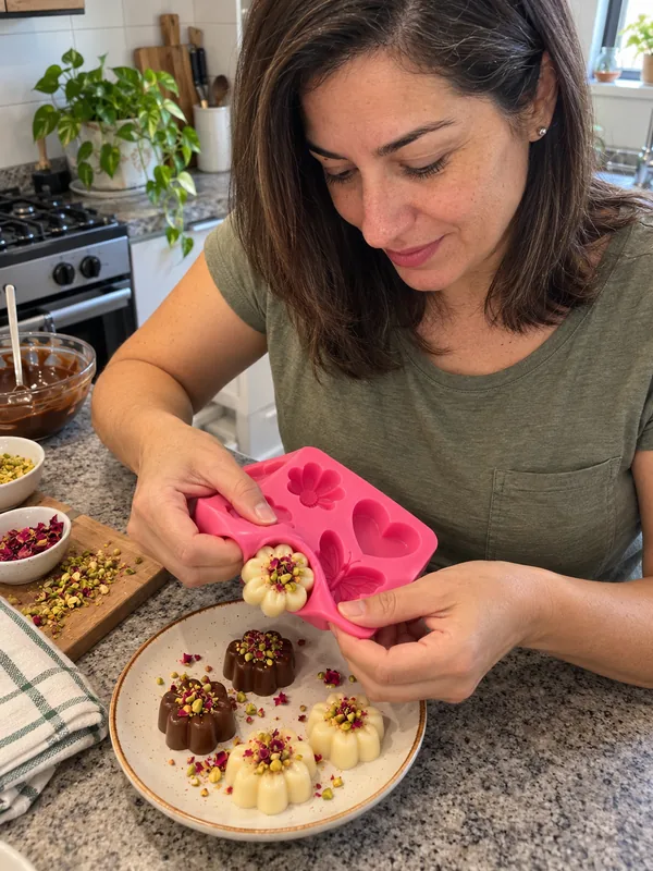 Escena ilustrativa: mujer desmoldando una cápsula de chocolate con cuidado