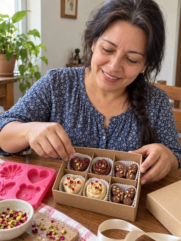 Escena ilustrativa: mujer organizando cápsulas para un regalo artesanal