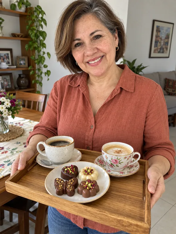Escena ilustrativa: mujer sirviendo café con cápsulas de chocolate